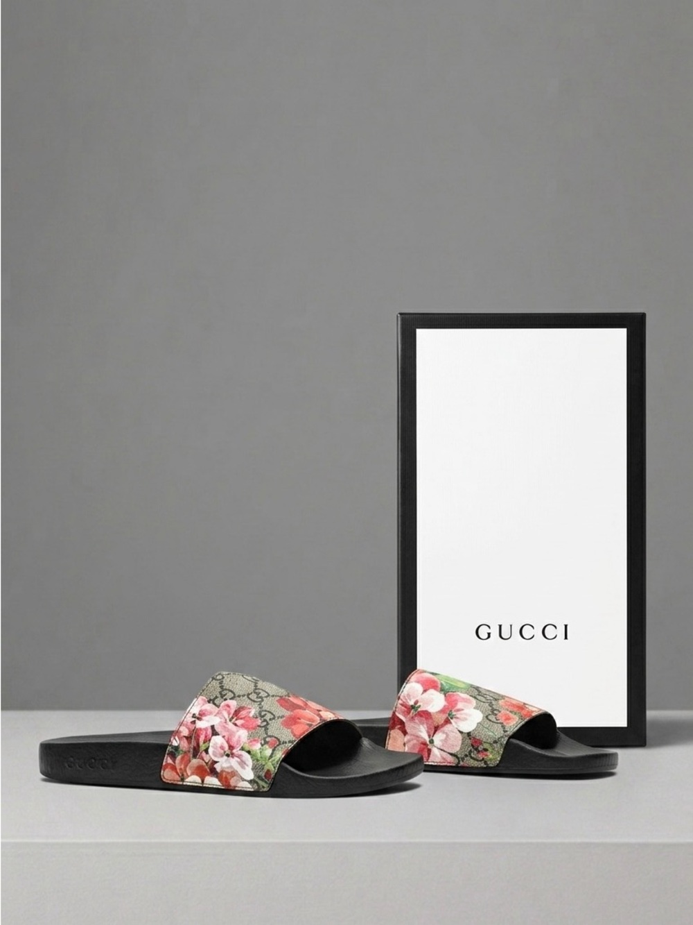 Gucci Floral Canvas Slide Sandals — Black Footbed with Pink & Green Print